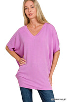 Zenana Spring Violet Raised Rib V-Neck Batwing Top SPRING VIOLET