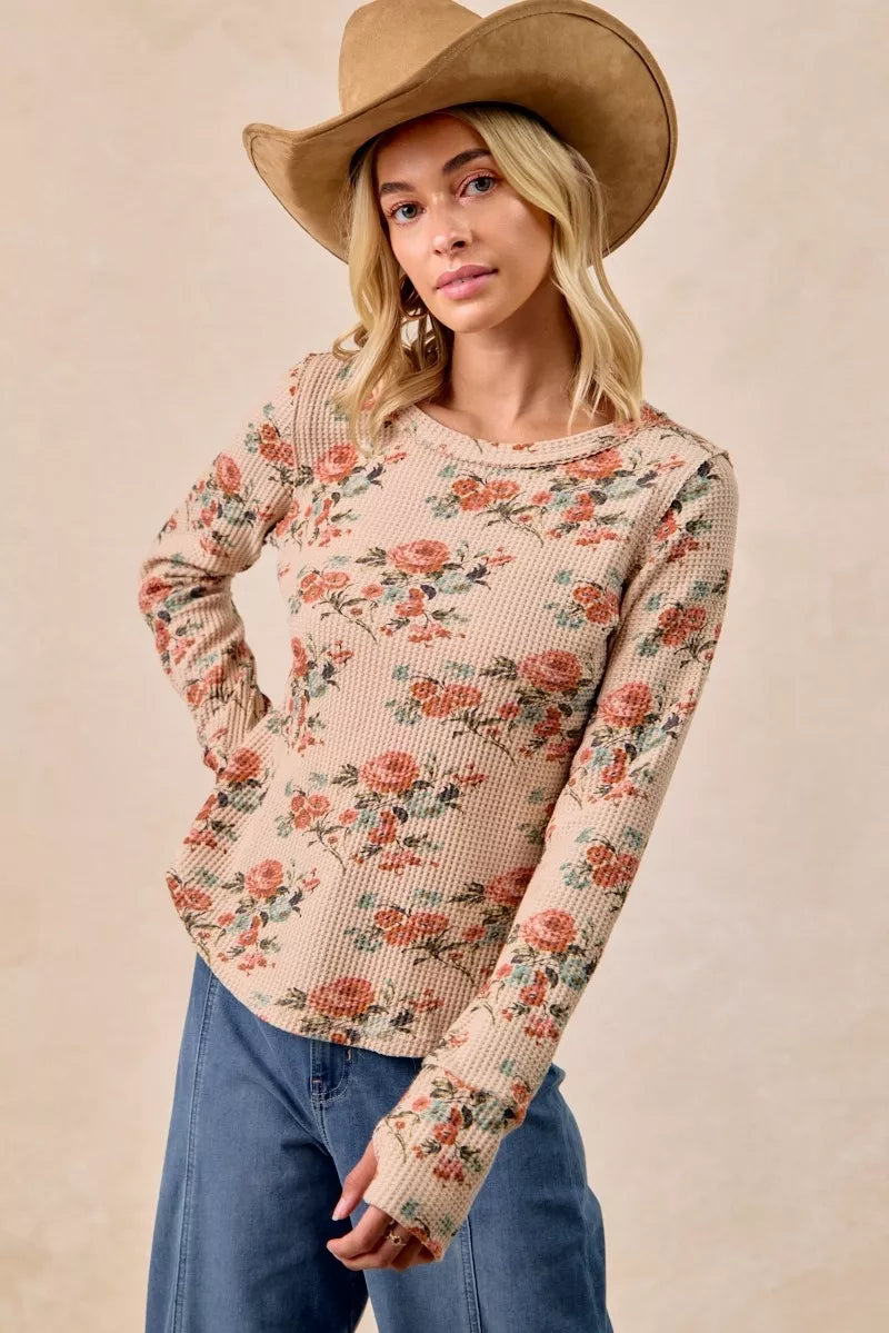 BiBi Taupe Floral Print Washed Waffle Thermal Top with Thumb