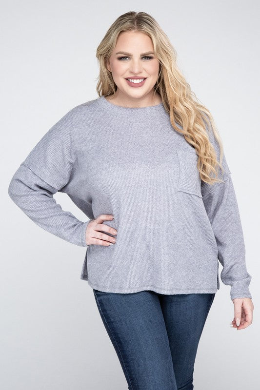 Zenana Plus Size Ribbed Brushed Melange Hacci Sweater ZENANA