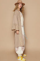 POL Flower Lace Trim Open Front Longline Cardigan in Khaki Shirts & Tops