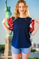 Haptics Holiday Stand-Out Navy Patriotic Patchwork Puff Sleeve Top Haptics