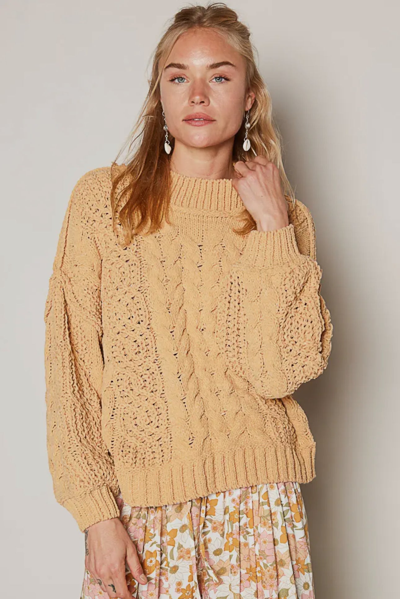 POL Honey Gold Mock Neck Chenille Cable Knit Sweater Honey Gold Trendsi