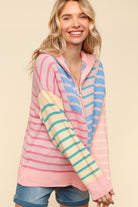 Haptics Blush & Blue Stripe Half Zip Up Oversized Sweater Shirts