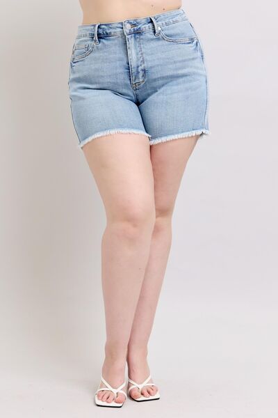 Judy Blue Light Washed Tummy Control Raw Hem Denim Shorts