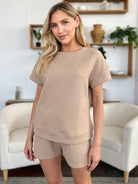 11 Colors- Double Take Quilted Textured Short Sleeve T-Shirt and Drawstring Shorts Set Mocha Trendsi