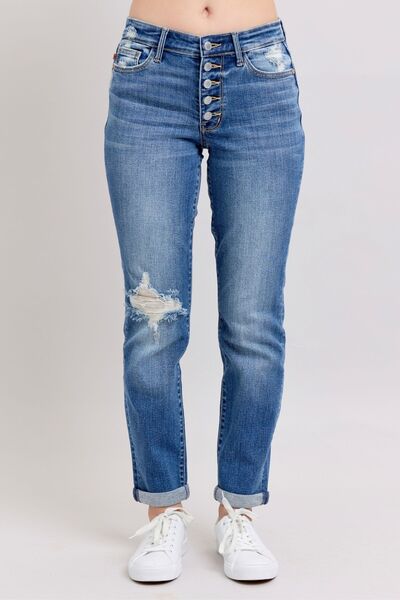 Judy Blue Medium Washed Button Fly Distressed Boyfriend Fit Jeans