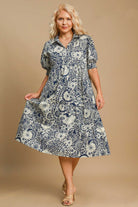 Umgee Dark Blue Printed Smocked Cuff Puff Sleeve Midi Dress