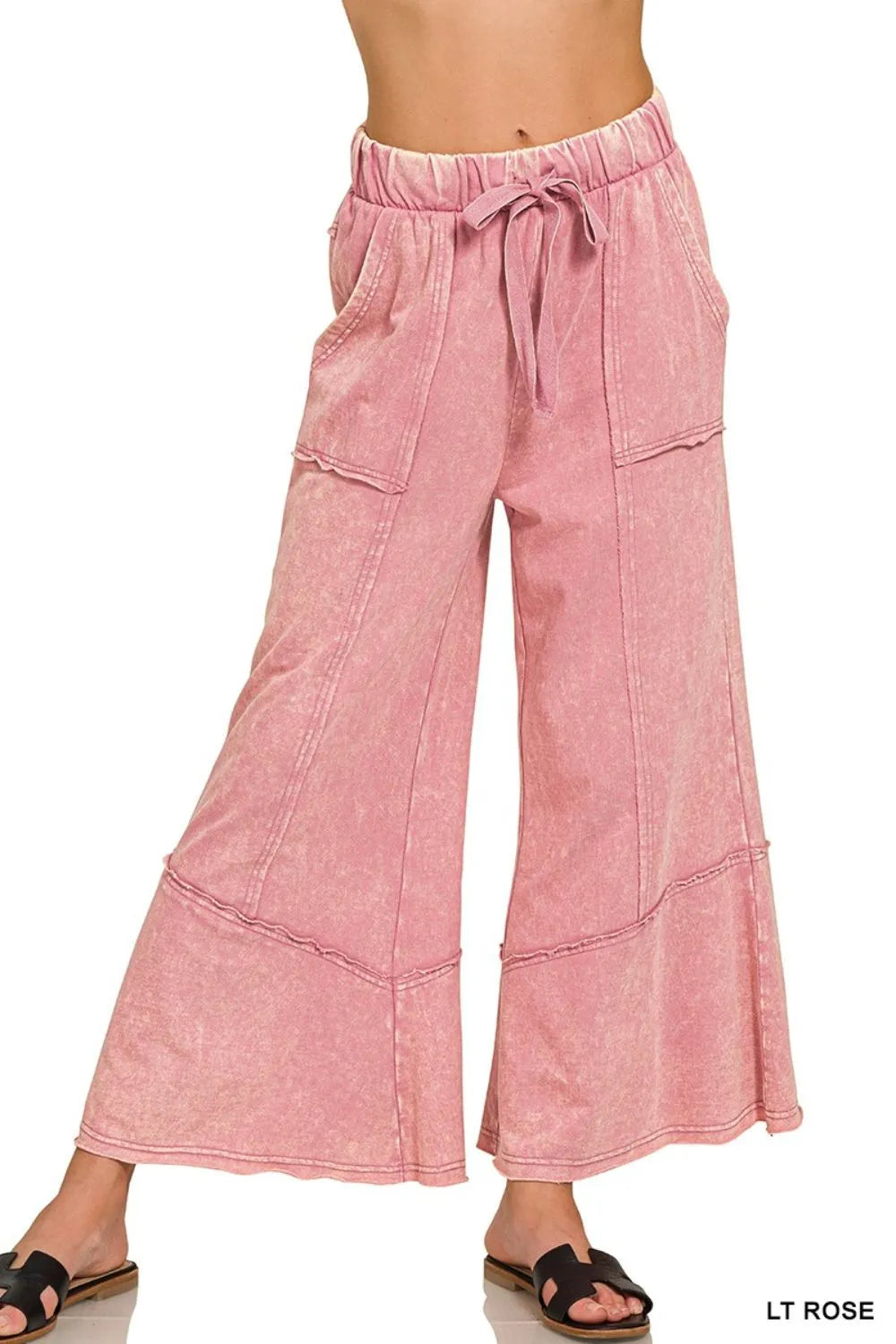 Zenana Light Rose Exposed-seam Flare Hem Pants With Pockets LT ROSE