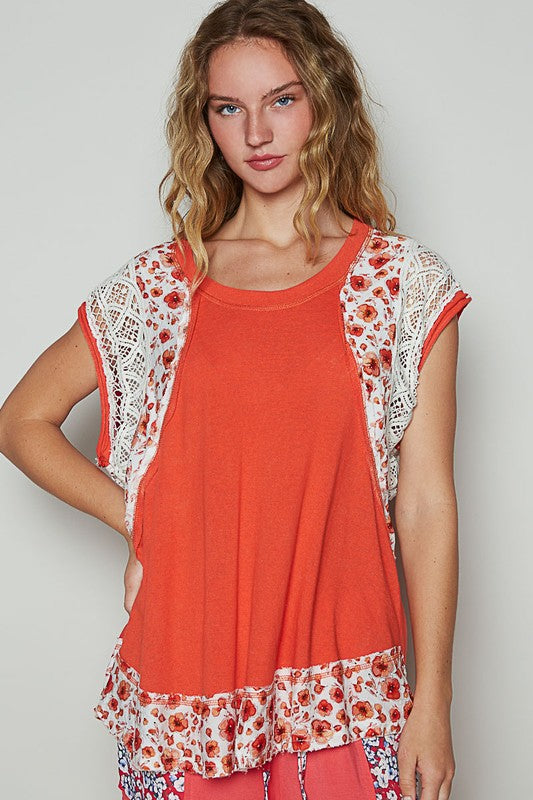 POL Red Floral Frayed Hem Crochet Cap Sleeve Top Red