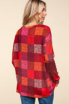 Haptics Burgundy Long Sleeve Checker Plaid Soft Hacci Knit Top