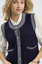 Umgee Contrast Striped Trim Button-Down Sweater Vest