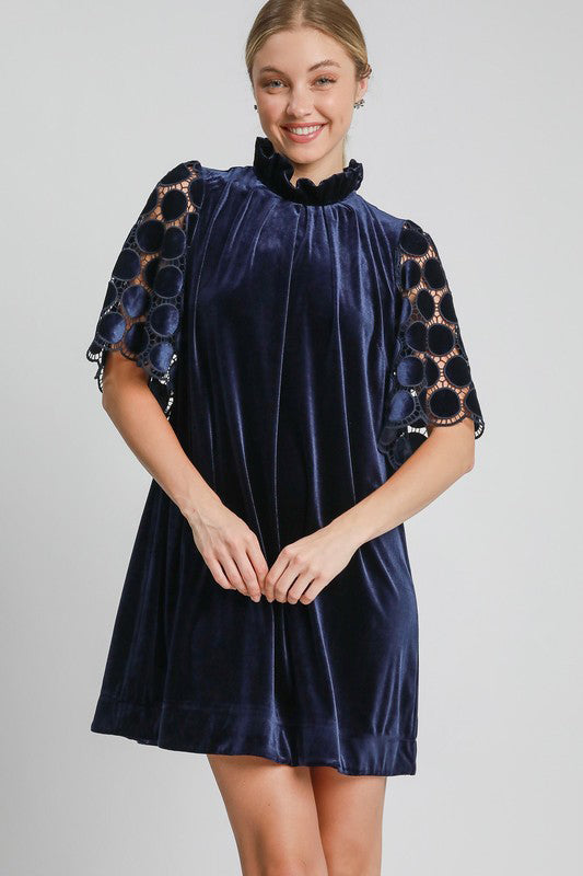 Umgee Navy Dotted Lace Half Sleeve Mock Neck Back Tie Velvet Dress Navy Dresses