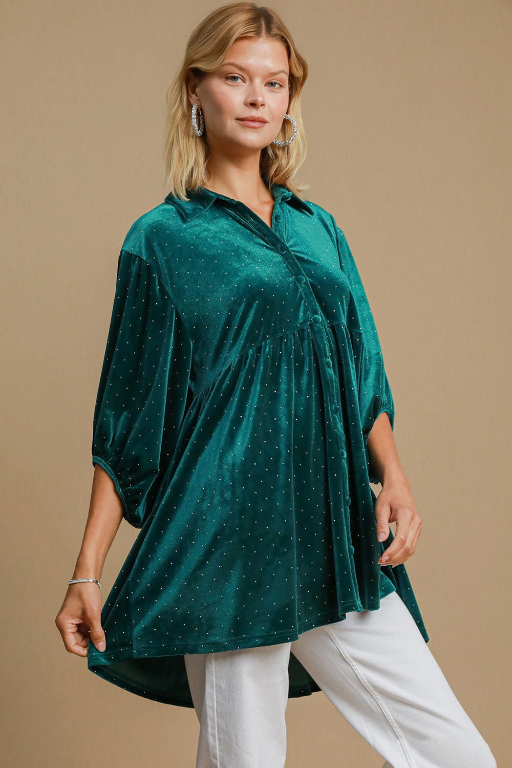 Umgee Teal Green Velvet Beaded Collared Neck Button Up Tunic Shirts & Tops