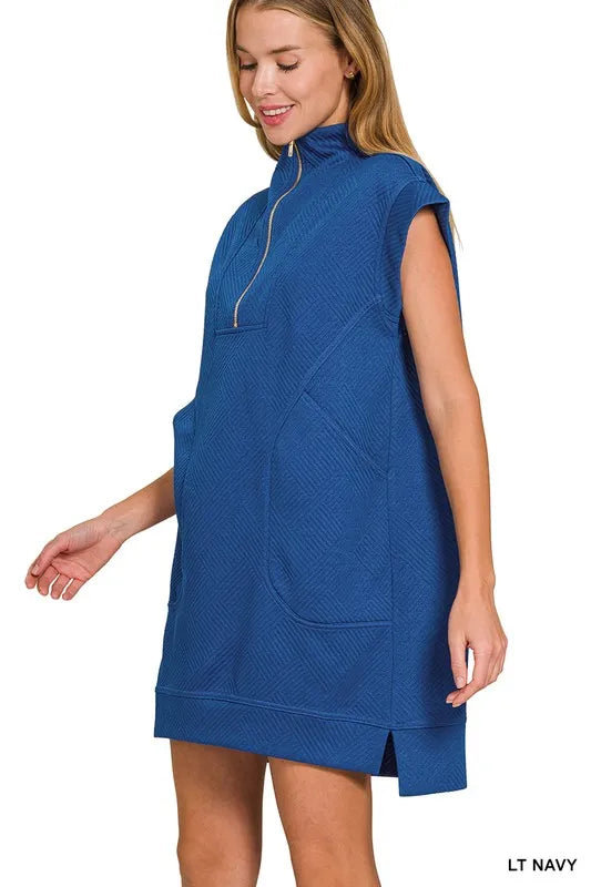 Zenana Light Navy Textured Knit Jacquard Quarter Zipper Mini Dress