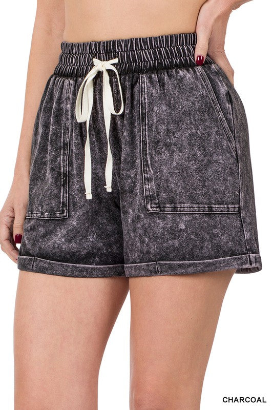 Mineral Wash Drawstring Cuffed Shorts CHARCOAL XL ZENANA