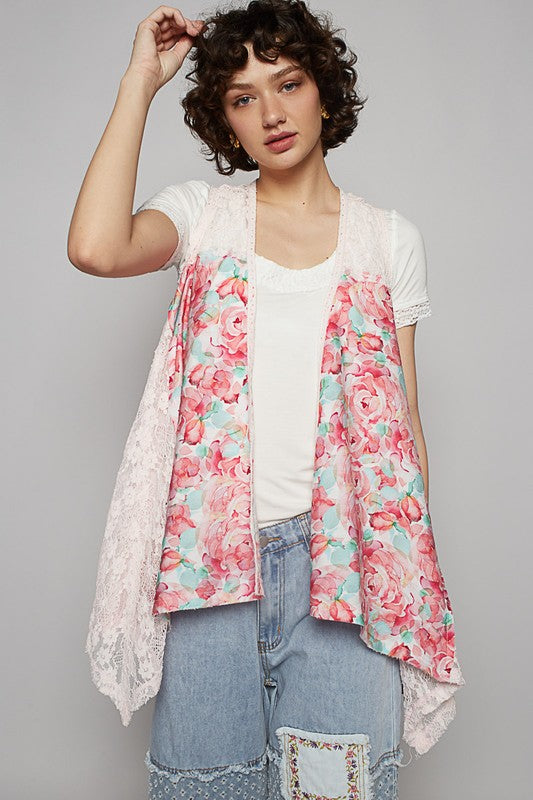 POL Lace Patchwork Floral Open Front Sleeveless Cardigan Pink