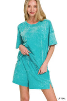 Zenana Light Teal Acid Washed Short Sleeve Tee & Shorts Set