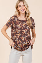 BOMBOM Chocolate Lightweight Floral Round Neck Short Sleeve T-Shirt