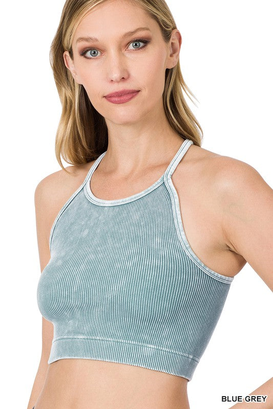 Washed Ribbed Seamless Cropped Cami Top BLUE GREY S/M ZENANA