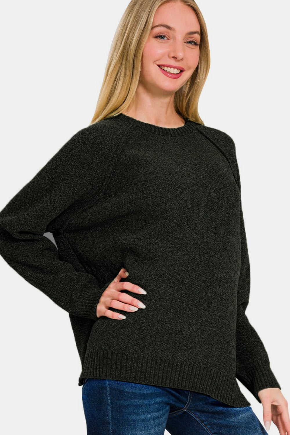 Zenana Black Side Slit Raglan Sleeve Sweater Shirts & Tops