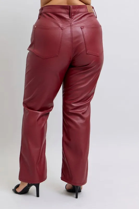 Judy Blue Red High Waist Tummy Control Faux Leather Straight Pants
