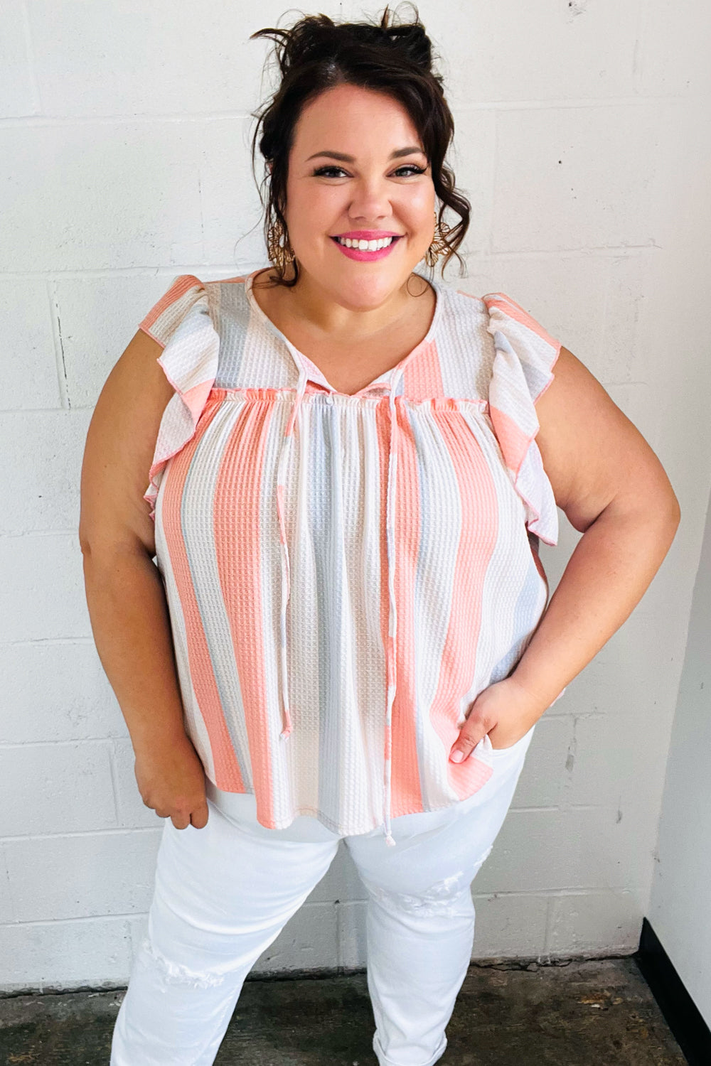 Sugarfox Coral & Light Blue Stripe Waffle Tie Neck Top