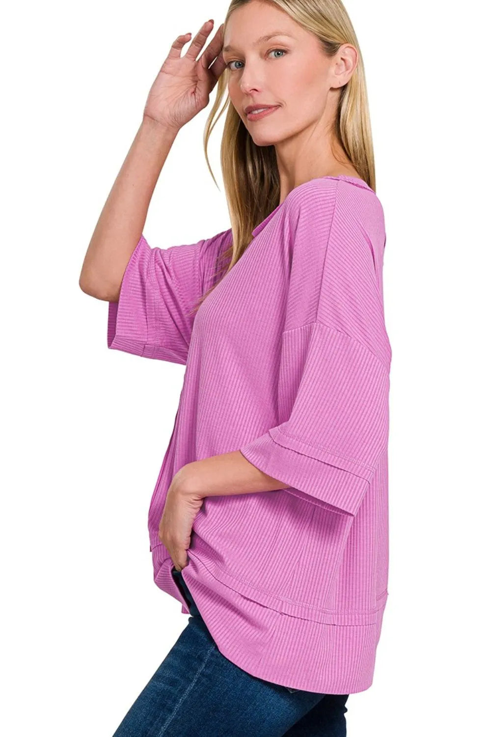 Zenana Mauve Ribbed Boat Neck 3/4 Sleeve Top