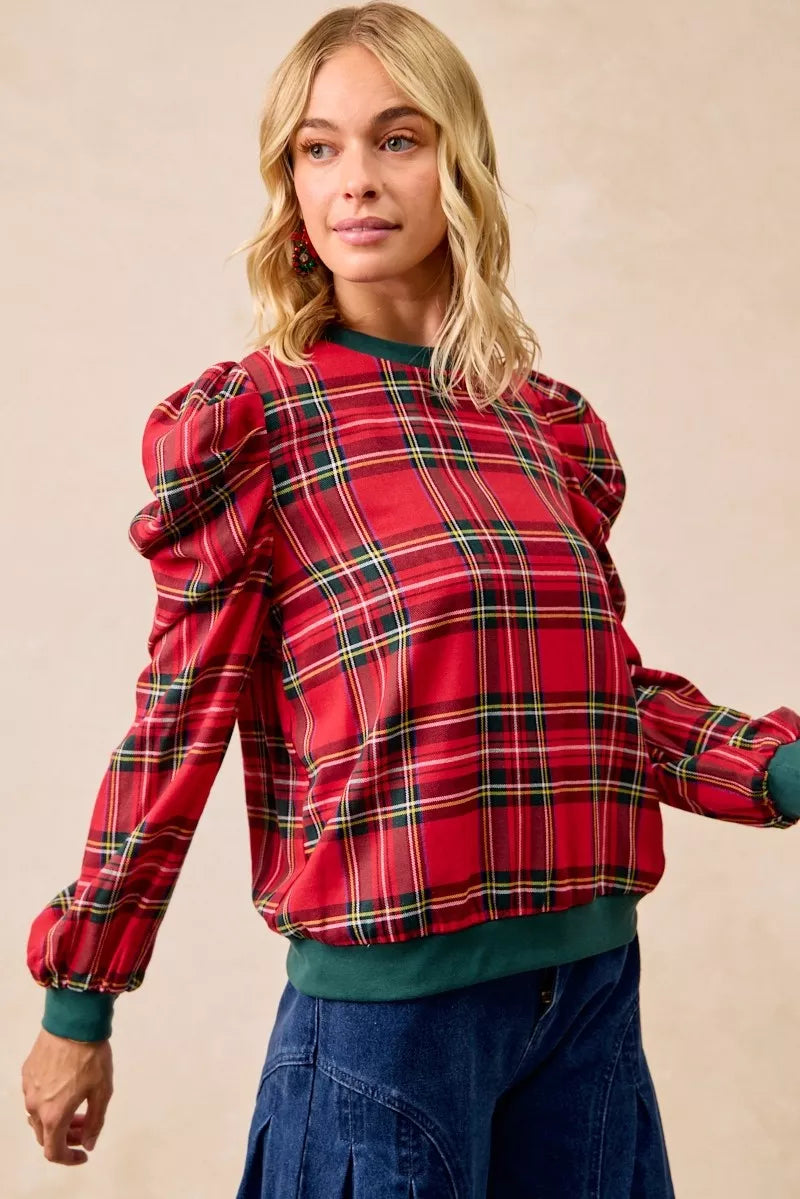 BiBi Christmas Plaid Exaggerated Shoulder Sleeves Top