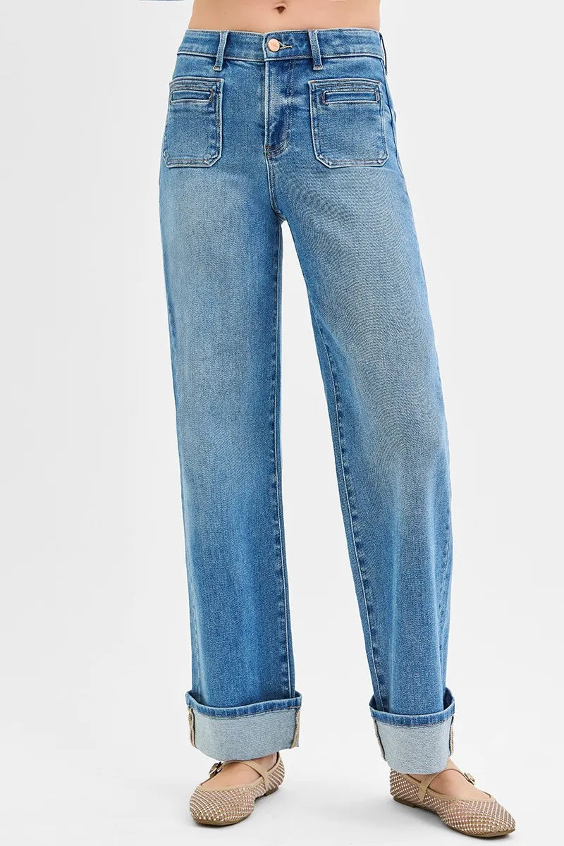 RISEN Elastic Band Mid Rise Wide Front Patch Pocket Cuff Jeans