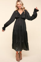 Haptics Elegant Black Elastic V Neck Tiered Satin Maxi Dress Haptics