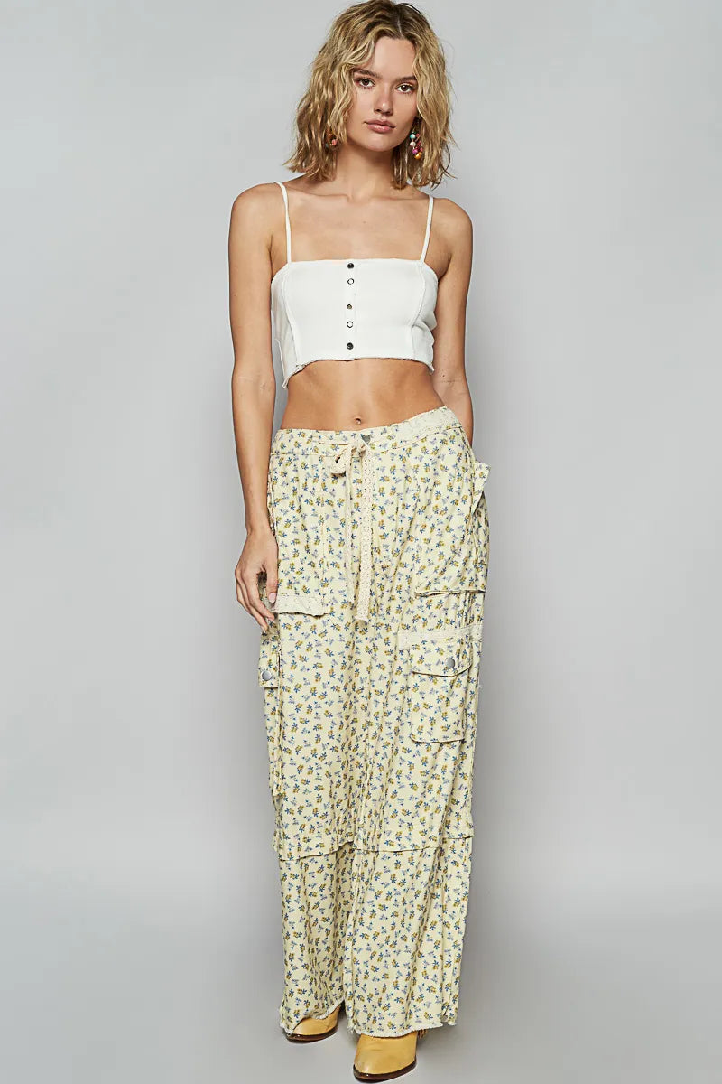 POL Vanilla Floral Lace Drawstring Cargo Pants