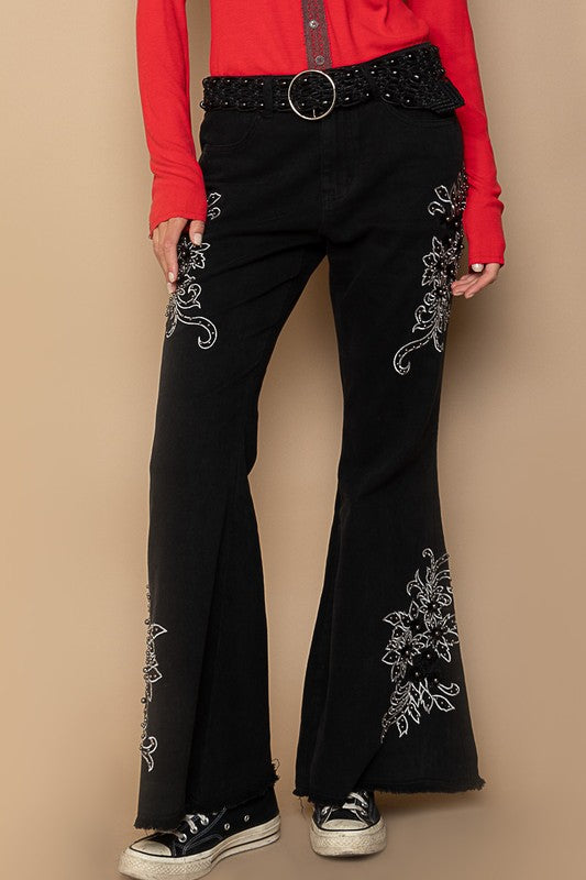 POL Black Raw Hem Contrast Embroidered Stretchable Twill Flare Pants Jeans