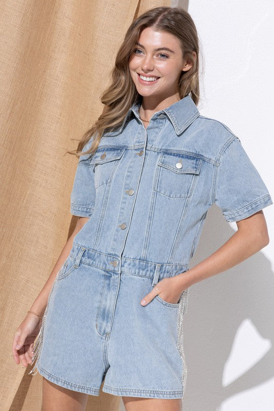 Blue B Washed Denim Overall Romper Denim Jumpsuit & Rompers