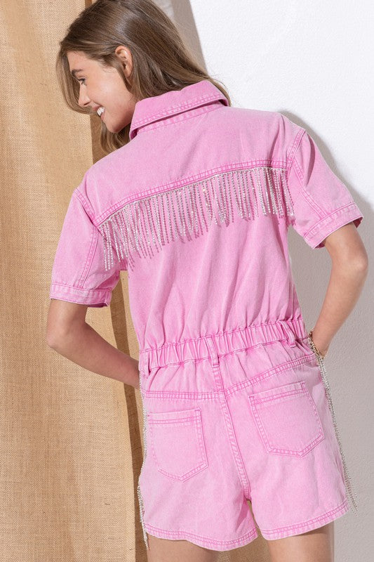 Blue B Washed Denim Overall Romper with Rhinestone Fringe in Pink or Blue Blue B