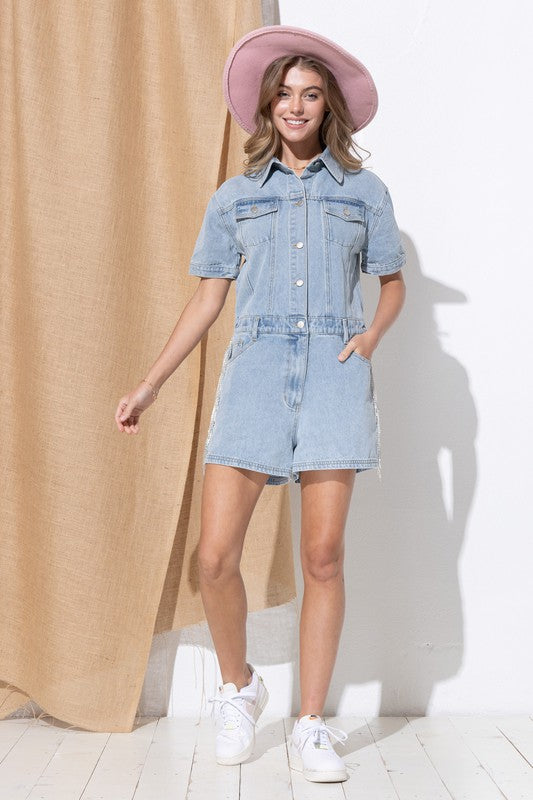 Blue B Washed Denim Overall Romper Jumpsuit & Rompers