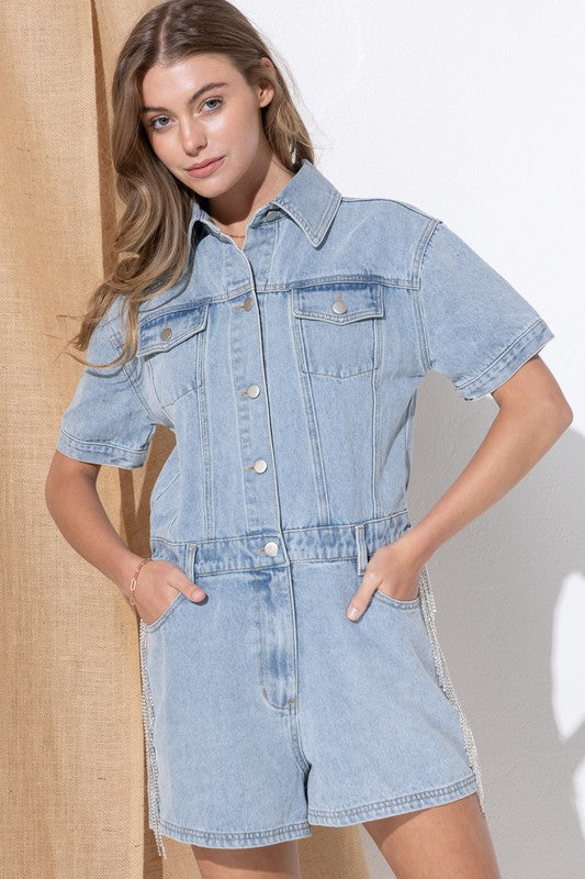 Blue B Washed Denim Overall Romper Jumpsuit & Rompers