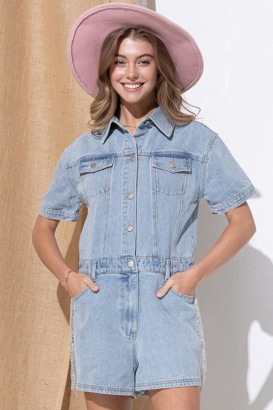 Blue B Washed Denim Overall Romper Jumpsuit & Rompers