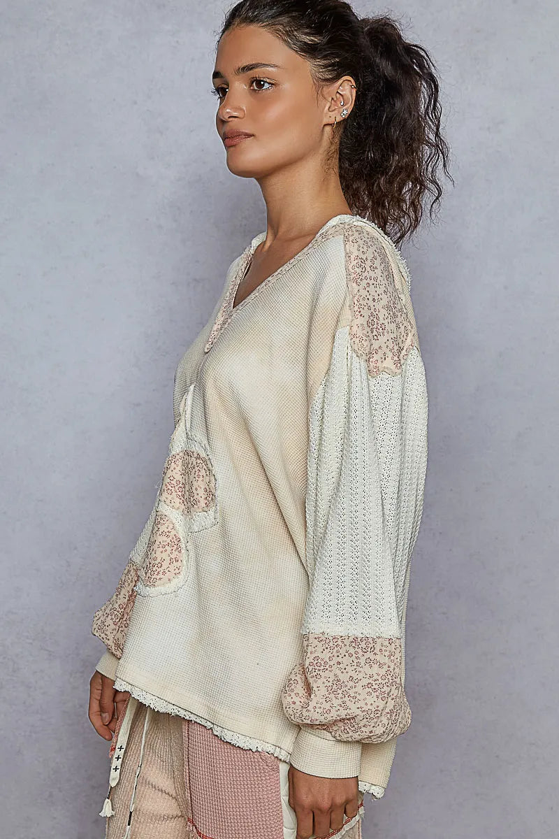 POL Raw Hem Washed Hoodie with Flower Patch