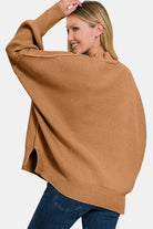 Zenana Deep Camel Side Sit Oversized Sweater Trendsi