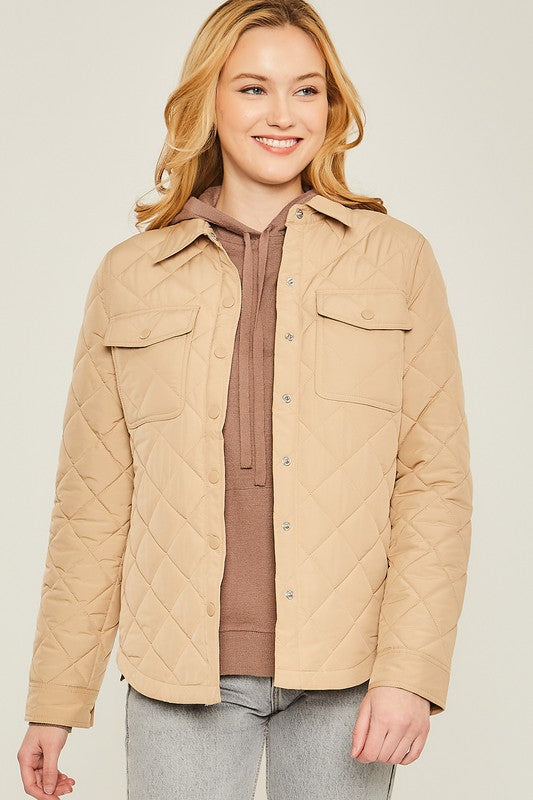 Love Tree Woven Solid Bust Pocket Shacket KHAKI