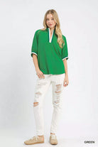 Umgee Green Textured Knit Top with Striped Contrast Trim