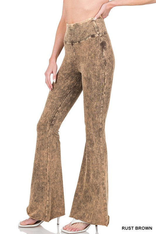 Zenana Acid Wash Hight Waist Raw Edge Hem Pants RUST BROWN ZENANA