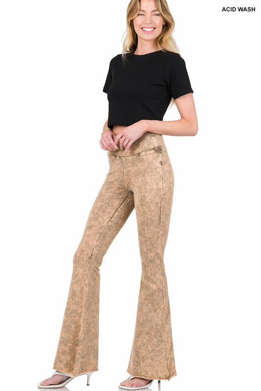 Zenana Acid Wash Hight Waist Raw Edge Hem Pants ZENANA