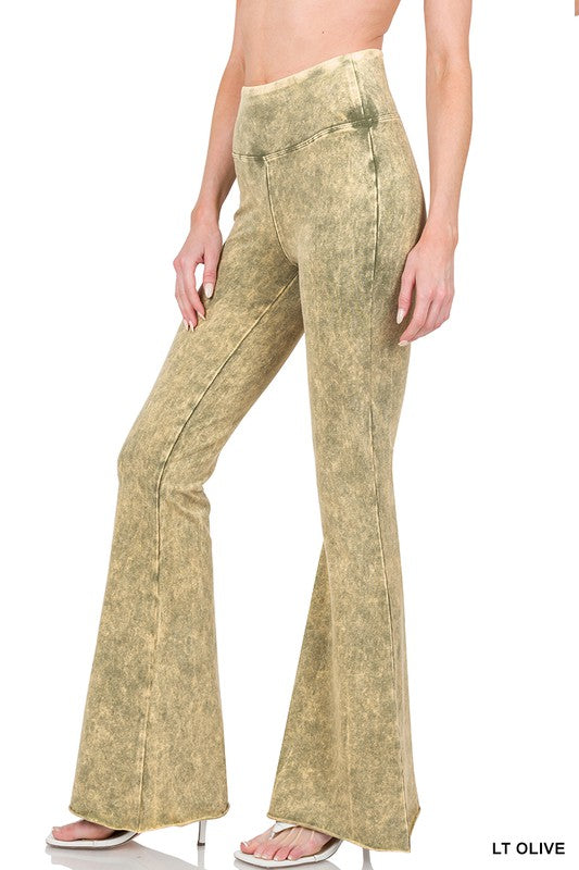 Zenana Acid Wash Hight Waist Raw Edge Hem Pants LT OLIVE ZENANA