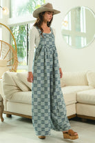 BiBi Denim Washed Vintage Checker Wide Legs Overalls