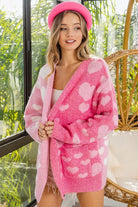 BiBi Heart Color Block V-Beck Knit Cardigan with Pockets