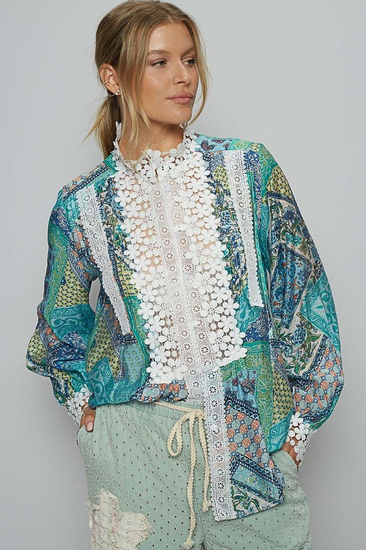 POL Teal Mock Neck Lace Detail Printed Paisley Button Down Long Sleeve Woven Top Teal Shirts & Tops