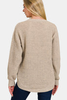 Zenana Heather Beige High Low Long Sleeve Waffle Knit Sweater Trendsi