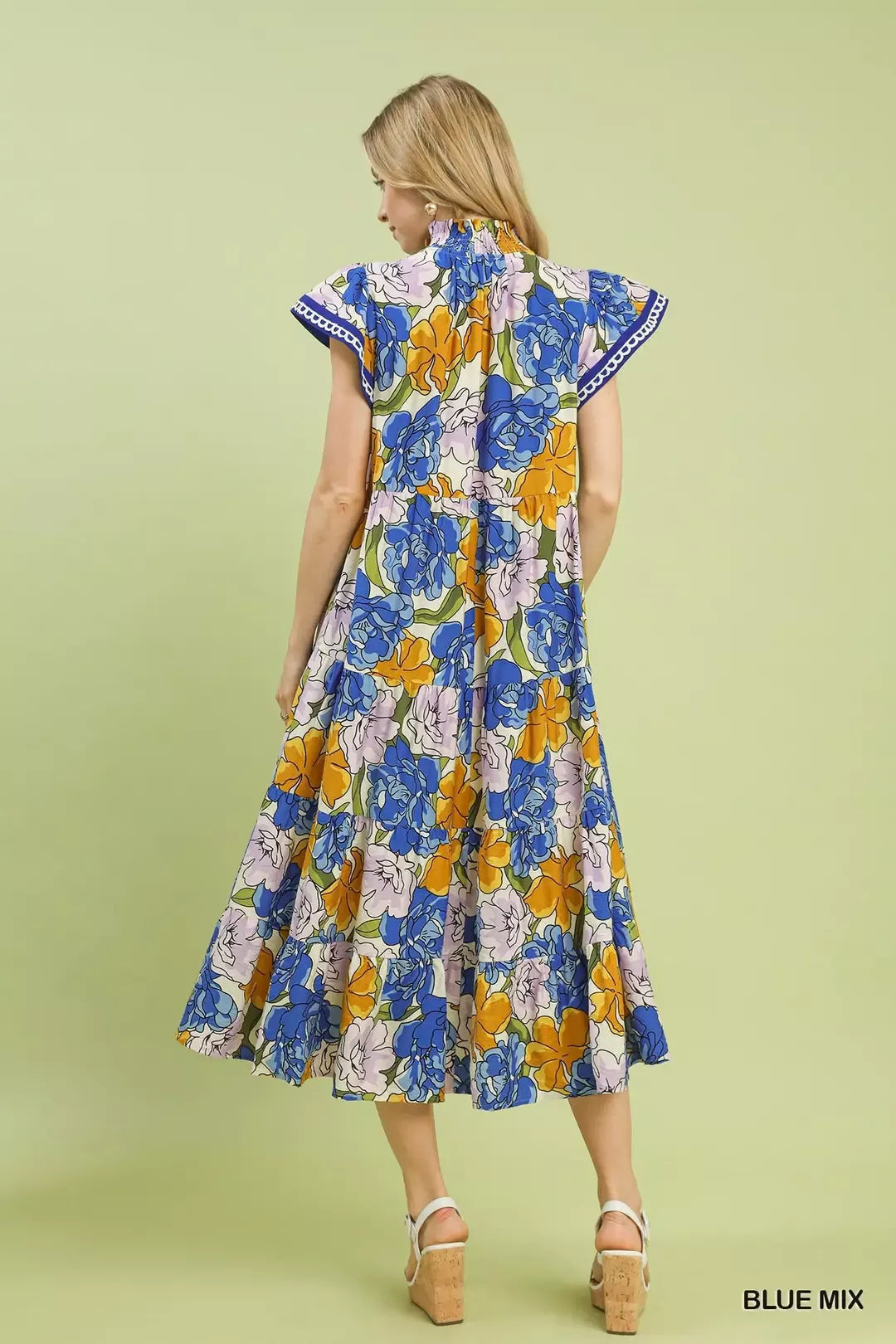 Umgee Blue Mix Bold Floral Tiered Midi Dress