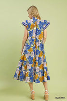 Umgee Blue Mix Bold Floral Tiered Midi Dress